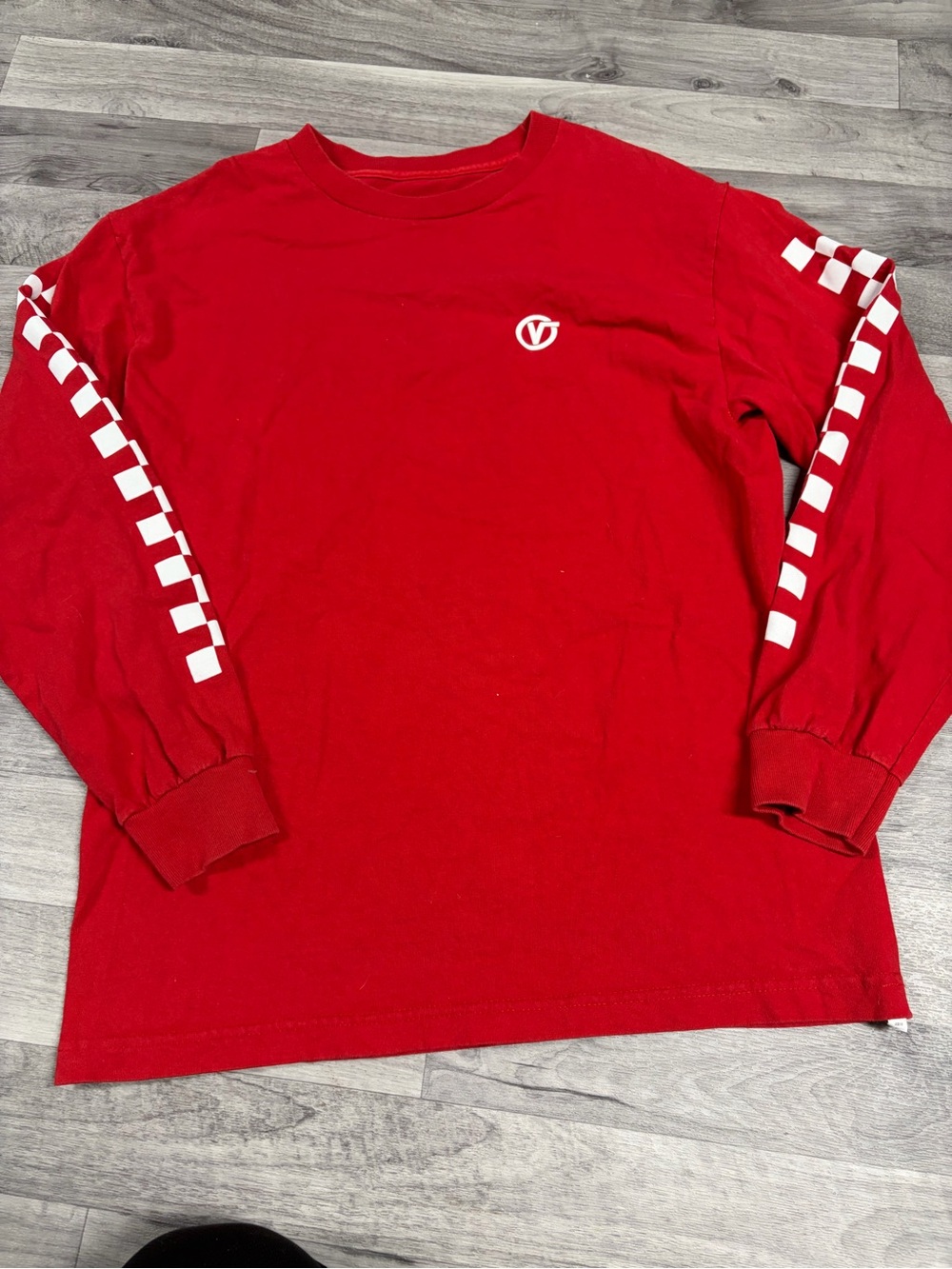 Vans Red Long-Sleeve Tee with White Checkered Sleeve Detail